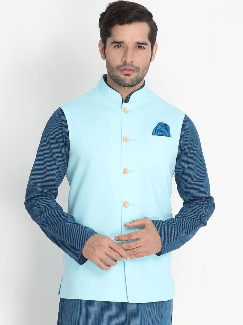 Men's Turquoise Cotton
 Solid
 Nehru Jackets